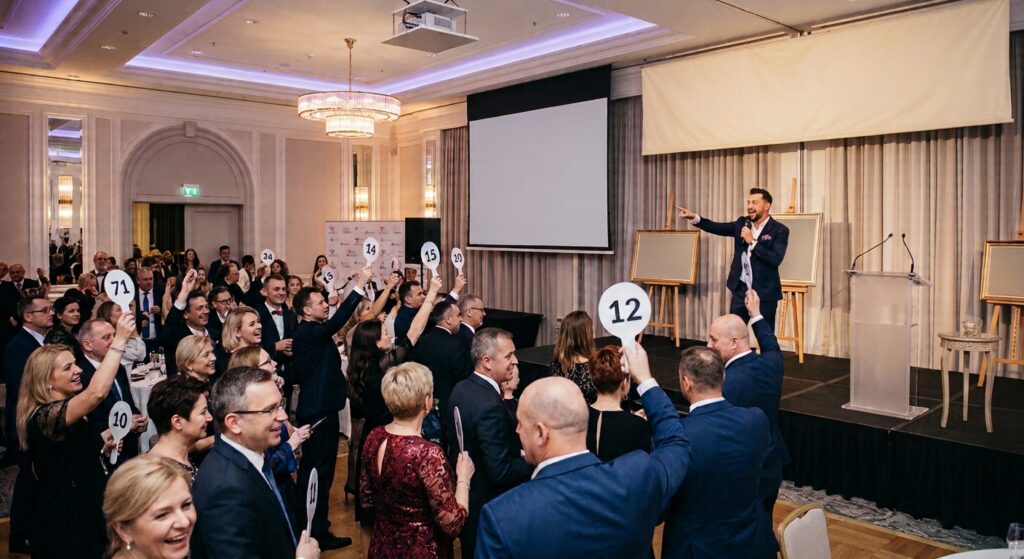 Grupa ludzi biorąca udział w aukcji charytatywnej